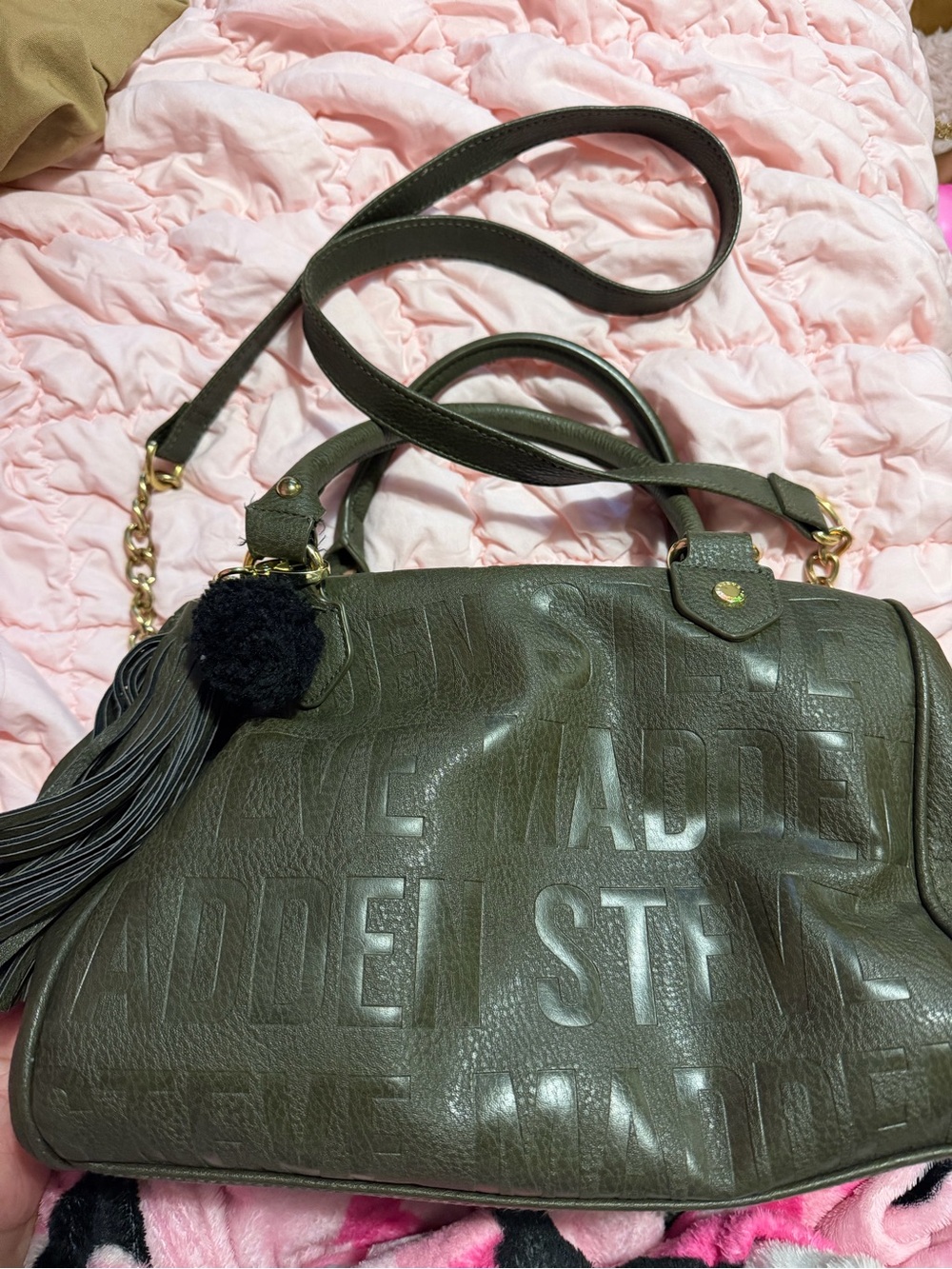 Steve Madden Olive Embossed Leather Satchel with Tassel Pom-Pom